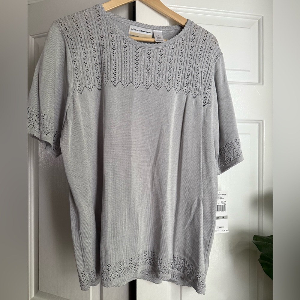 NWT Alfred Dunner Grey Crochet Short Sleeve Knit Top Sz 1X Demure Cottage Preppy